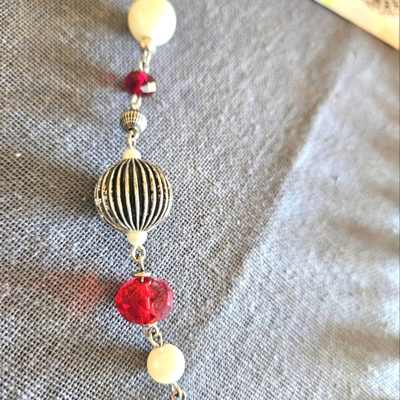 Premier Designs long necklace & fishhook earrings antiqued silver red pearl new - Picture 10 of 14